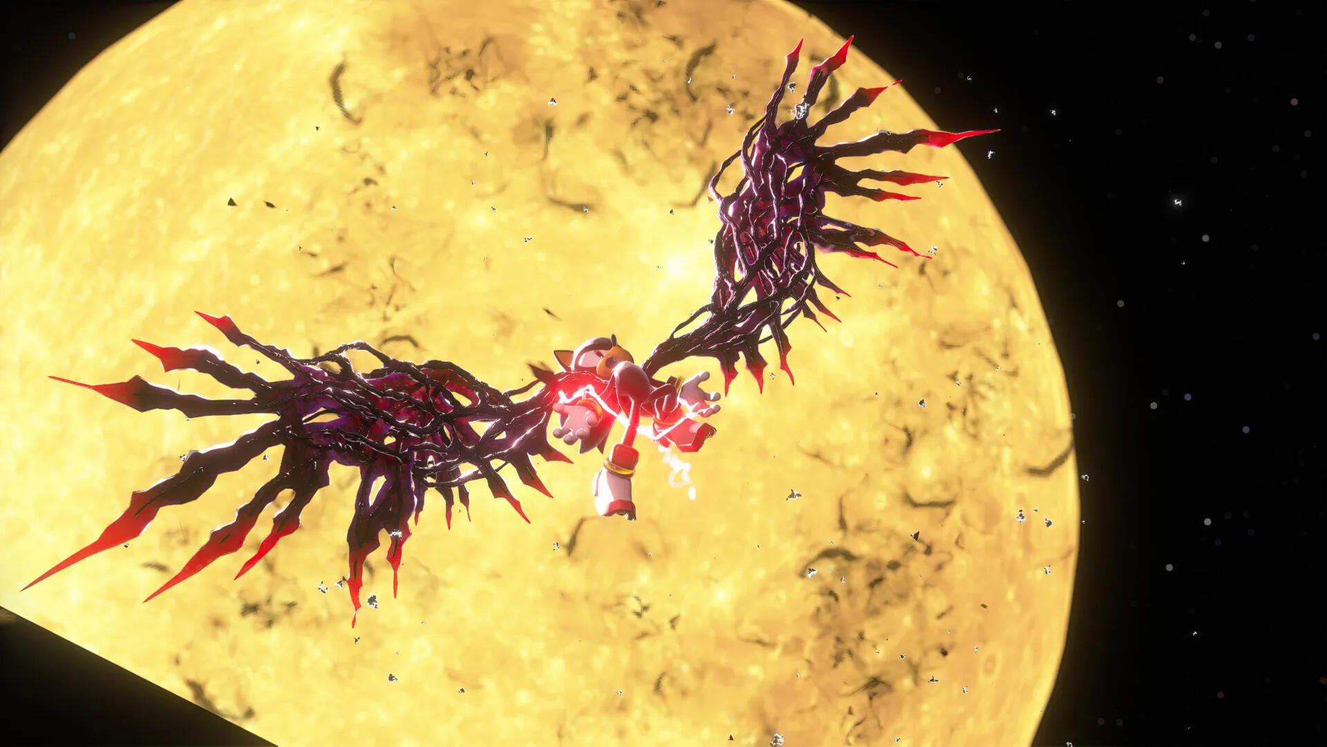 HD PC desktop wallpaper featuring Shadow from Sonic X in dynamic pose with dark wings spread wide against a large, glowing yellow moon backdrop.