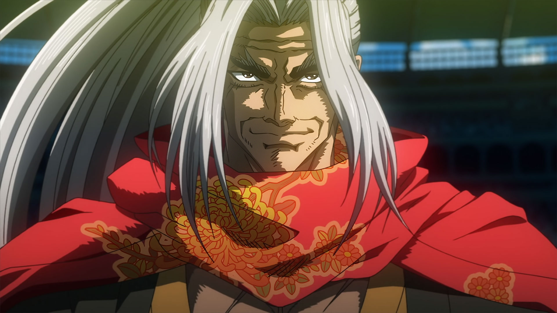 An intense character from the anime Record of Ragnarok, featuring a man with long white hair and a striking red scarf, depicted in high definition for a stunning desktop wallpaper.