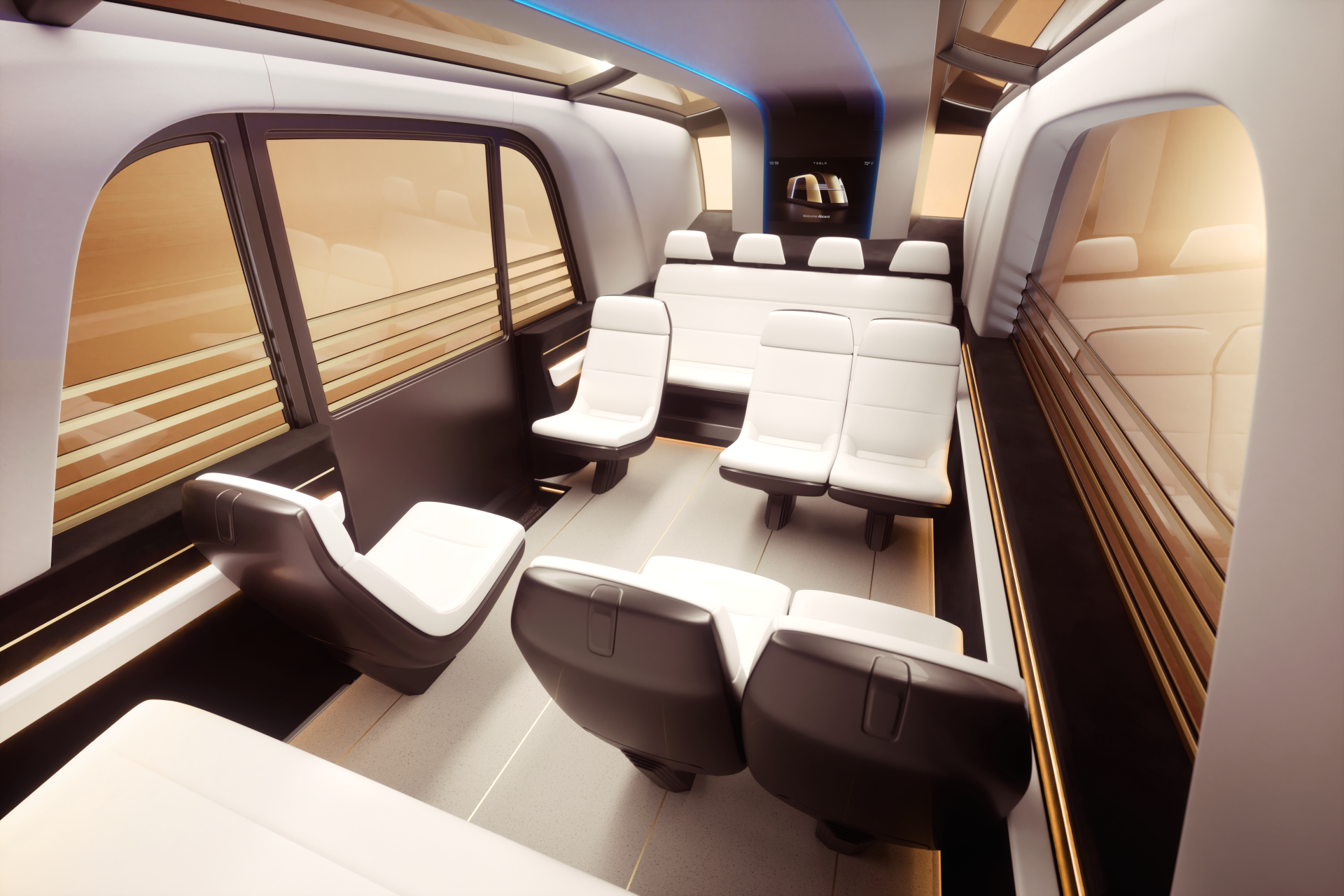 A sleek, modern interior of a Tesla robovan, featuring spacious seating and a futuristic design, captured in stunning 8K Ultra HD resolution for an impressive desktop background.