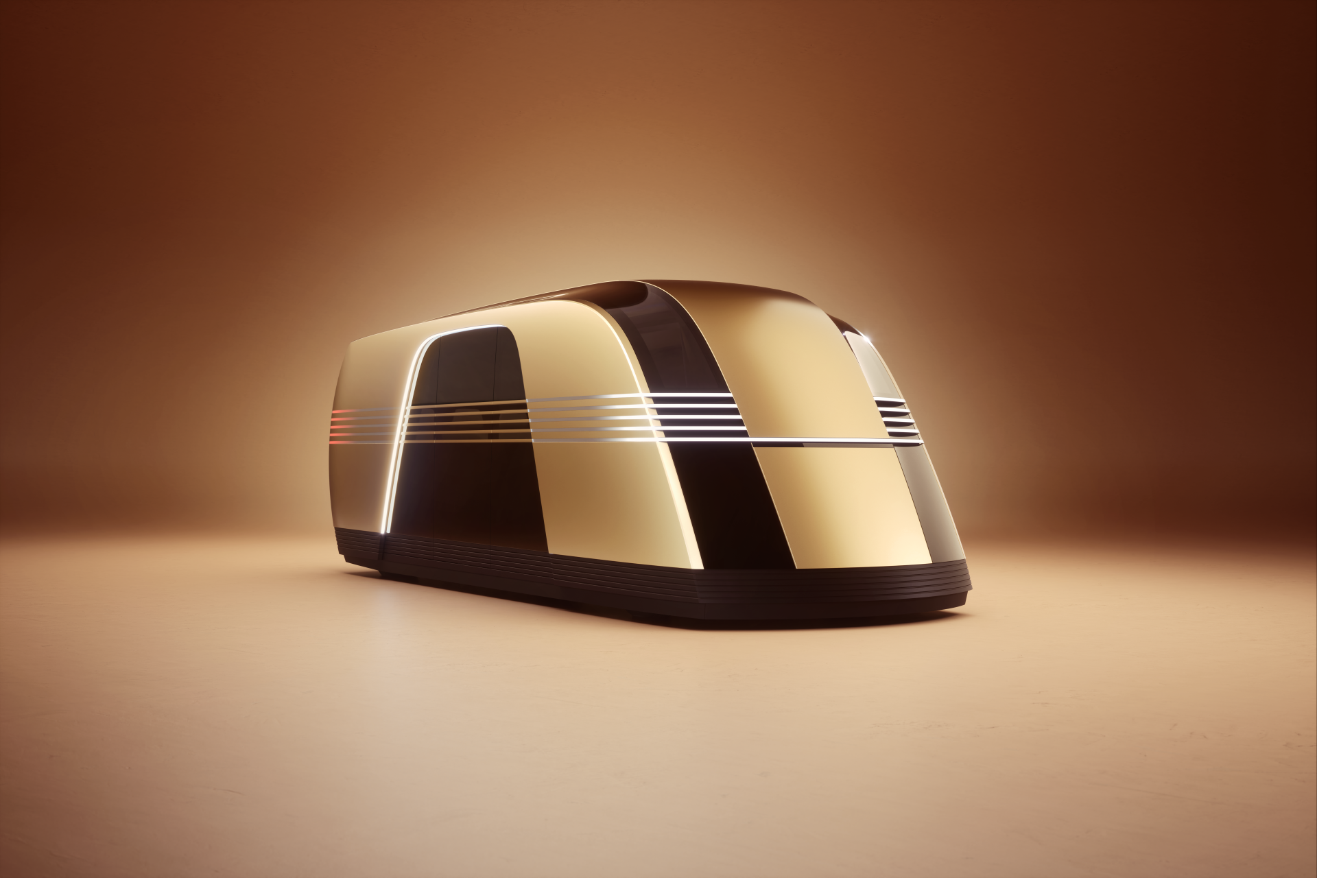 A sleek, futuristic Tesla robovan design showcased against a warm background, presented in stunning 8K Ultra HD for an impressive desktop wallpaper.