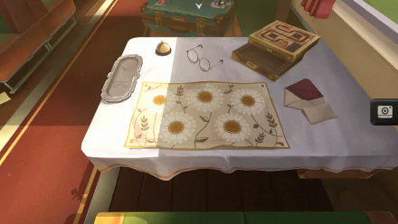 A cozy tabletop scene from the video game The Star Named EOS, featuring a floral-patterned tablecloth, glasses, and a decorative box, designed as an HD desktop wallpaper.