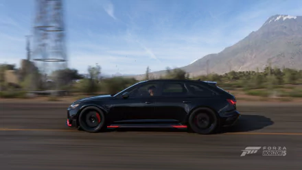 HD PC desktop wallpaper featuring the Audi RS6 Avant speeding through a scenic landscape in the video game Forza Horizon 5.