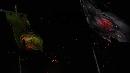 4K Ultra HD House of the Dragon wallpaper showing two dark flags with dragon sigils against a black background with glowing embers floating around.