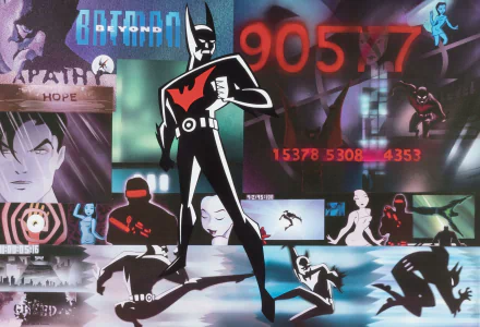 HD PC desktop wallpaper featuring Batman Beyond in a dynamic collage with futuristic cityscapes and action scenes from the animated series.