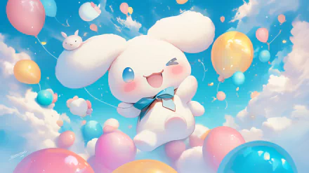 A vibrant HD desktop wallpaper featuring Cinnamoroll from Sanrio, floating joyfully among colorful balloons in a bright, cloud-filled sky.