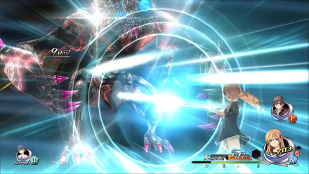 A dynamic scene from Tokyo Xanadu eX+, featuring a character engaging in battle against a colossal creature, surrounded by vibrant energy effects in a high-definition wallpaper.