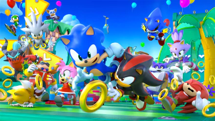 HD PC desktop wallpaper featuring vibrant characters from Sonic Rumble racing and interacting in a colorful, dynamic landscape filled with rings and balloons.