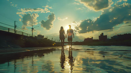 A couple holds hands by a reflective surface, bathed in warm summer light with vibrant clouds above, creating a serene and romantic atmosphere in this HD wallpaper.