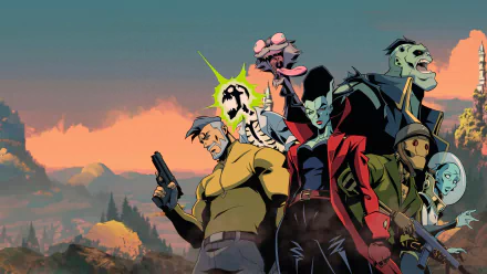 Creature Commandos team posed against a moody sunset landscape — 4K Ultra HD PC desktop wallpaper/background.