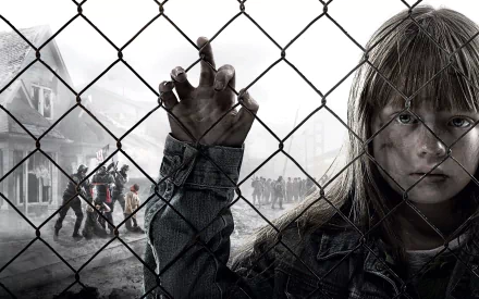 Homefront video game 2K Quad HD PC desktop wallpaper: a dirt-smudged girl grips a chain-link fence as soldiers and a ruined town loom in the foggy distance.
