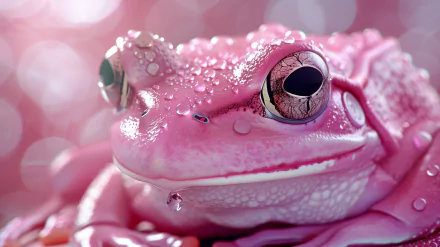 A close-up of a pink frog adorned with droplets, set against a soft pink background, creating a vibrant and lively HD desktop wallpaper.