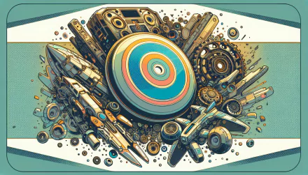 An artistic HD desktop wallpaper featuring a colorful frisbee surrounded by various mechanical elements, including rockets and gears, creating a dynamic and energetic composition.
