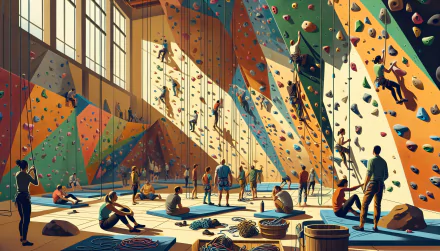A vibrant indoor climbing gym filled with climbers on colorful walls, spectators on mats, and climbing gear scattered around, showcasing an energetic atmosphere in HD wallpaper quality.
