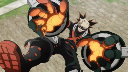 Anime-themed HD desktop wallpaper featuring Katsuki Bakugou from My Hero Academia: You're Next, showcasing him launching an attack with explosive orange energy hands.