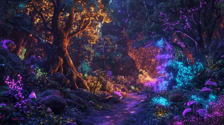 A vibrant magical forest glowing with colorful lights along a winding fantasy path, designed as an HD PC desktop wallpaper and background.