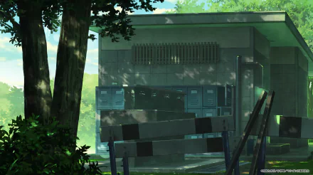 HD desktop wallpaper featuring a serene anime scene from Too Many Losing Heroines! with a building surrounded by lush greenery and a partially barricaded entrance.