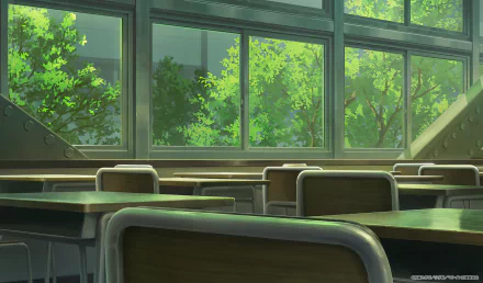 A tranquil classroom scene from the anime Too Many Losing Heroines! features sunlight filtering through large windows, highlighting empty desks and vibrant greenery outside. HD desktop wallpaper.