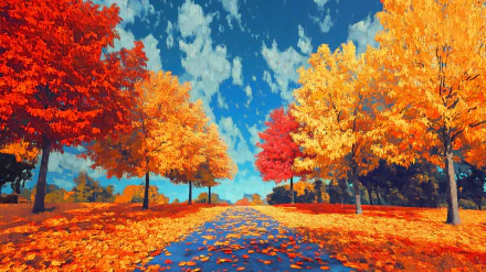 A vibrant autumn scene featuring trees adorned in vivid fall colors, with a path lined by fallen leaves under a bright blue sky, creating a stunning HD desktop wallpaper.