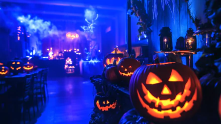 A vibrant Halloween party scene featuring glowing jack-o'-lanterns amidst eerie blue lighting, creating a spooky and festive atmosphere for an HD desktop wallpaper.