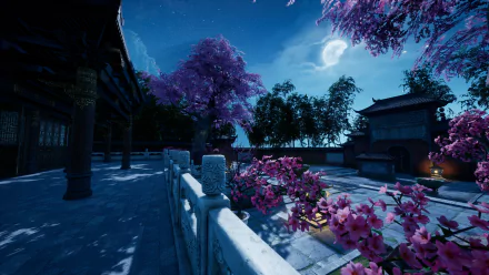 A serene temple scene from Sword and Fairy 7, featuring vibrant cherry blossoms under a night sky, creating a stunning HD desktop wallpaper and background.