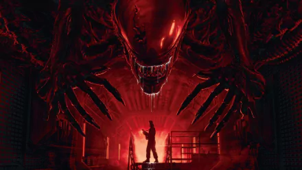 HD PC desktop wallpaper of a menacing alien creature looming over a lone figure in a red-lit industrial setting, from Alien: Romulus.
