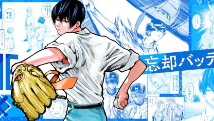 Anime-inspired HD desktop wallpaper featuring a character with a baseball glove, set against a backdrop of dynamic blue illustrations and text from Oblivion Battery.