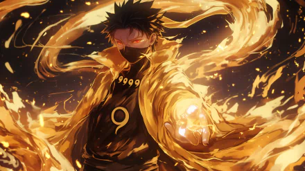 Obito Uchiha stands confidently, surrounded by golden flames, in this HD anime wallpaper inspired by Naruto. His intense gaze and dynamic pose capture the essence of the character.