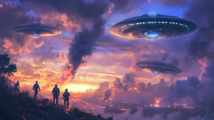 A dramatic sci-fi scene featuring UFOs invading a sunset sky, with silhouetted figures observing the chaos below. This captivating HD wallpaper evokes an otherworldly atmosphere.