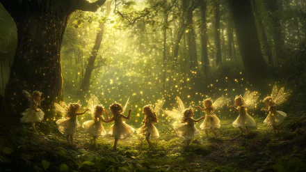 A magical forest scene with glowing fairies dancing in a circle, surrounded by sparkling lights and lush trees, captured in an HD fantasy desktop wallpaper.