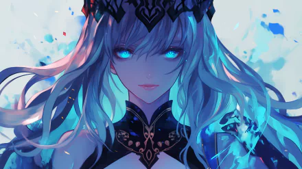 HD desktop wallpaper featuring Morgan le Fay from Fate/Grand Order, showcasing her striking blue eyes and flowing hair against a dynamic blue background.