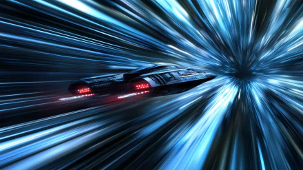 HD PC desktop wallpaper featuring a futuristic sci-fi spaceship traveling at warp speed through a vibrant, dynamic space tunnel during interstellar space travel.