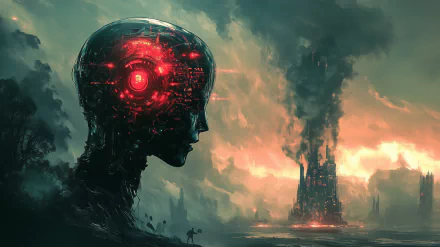 A striking sci-fi wallpaper depicting a post-apocalyptic scene with a humanoid AI head and a burning tower, capturing the drama of an AI uprising against a dark, smoky backdrop.