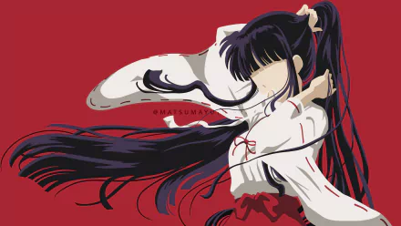 Kikyô (InuYasha) anime portrait on deep red background, flowing black hair and white shrine-maiden robes — 8K Ultra HD PC desktop wallpaper/background.