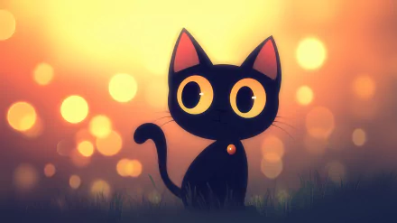 Chococat, a charming black cat from Sanrio, sits against a warm, glowing background, showcasing its large, expressive eyes and playful demeanor in this HD wallpaper.