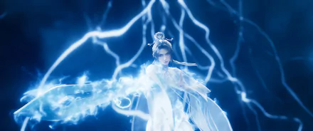 An ethereal character from the TV show Zhu Xian Jade Dynasty commands mystical energy, surrounded by vibrant blue lightning, showcased in this HD desktop wallpaper.