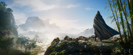 A serene landscape from the TV show Zhu Xian Jade Dynasty, featuring a cloaked figure overlooking a tranquil sea and distant mountains, set against a bright sky. HD wallpaper background.