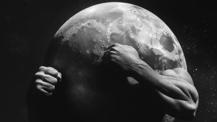 A powerful depiction of muscular arms breaking through the moon, set against a dramatic black and white background, creating an impactful and striking HD desktop wallpaper.