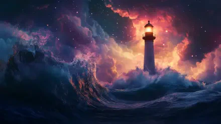 A captivating fantasy scene features a lighthouse surrounded by dramatic waves and a vibrant, starry sky. This HD wallpaper enhances any desktop with its enchanting colors and atmosphere.
