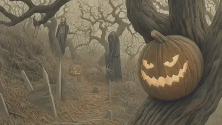A haunting Halloween scene featuring a menacing Pumpkinhead glowing in the foreground, with shadowy figures and twisted trees in a misty landscape, creating an eerie atmosphere.