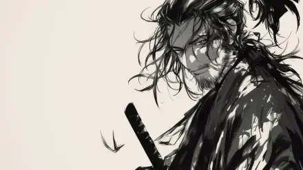 HD wallpaper featuring Miyamoto Musashi from the manga Vagabond, showcasing a detailed, artistic portrayal of the iconic character with a sword and flowing hair.