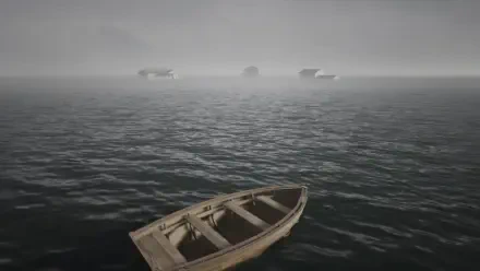 A haunting HD desktop wallpaper from the video game Escape the Backrooms, featuring a weathered boat on foggy waters with distant structures barely visible.