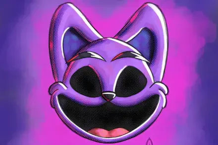 Purple cat character from Poppy Playtime, named CatNap, set against a vibrant purple background. This HD desktop wallpaper captures the game's playful yet eerie vibe.