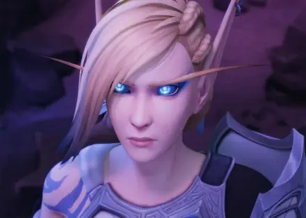 A stunning HD wallpaper from World of Warcraft: The War Within, featuring a fierce character with striking blue eyes and intricate armor, set against a mystical background.