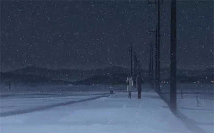 HD anime wallpaper featuring Akari Shinohara from 5 Centimeters per Second, walking along a snowy, dimly lit rural road at night.