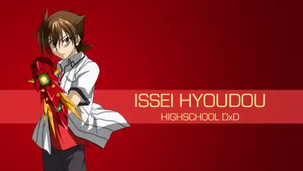 Anime wallpaper featuring Issei Hyoudou from High School DxD, showcasing his character with a dynamic pose against a striking red background.