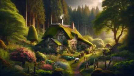 A charming cottage nestled in a lush forest, surrounded by vibrant flowers and gentle sheep, embodying the essence of cottagecore in a serene landscape. HD desktop wallpaper.