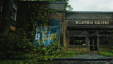 A captivating HD wallpaper from the video game The Last of Us, showcasing a weathered storefront with overgrown vines and an intriguing mural, evoking a post-apocalyptic atmosphere.