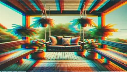 A serene patio swing surrounded by lush greenery, offering a peaceful retreat. This image serves as an HD desktop wallpaper and background, enhancing any digital space.