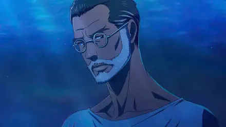 Anime-inspired HD wallpaper featuring a character from Terminator Zero, showcasing a thoughtful expression against a shimmering blue background.