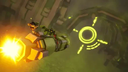 A vibrant HD desktop wallpaper featuring characters from the video game Akimbot riding a missile, set against a futuristic backdrop with glowing accents.